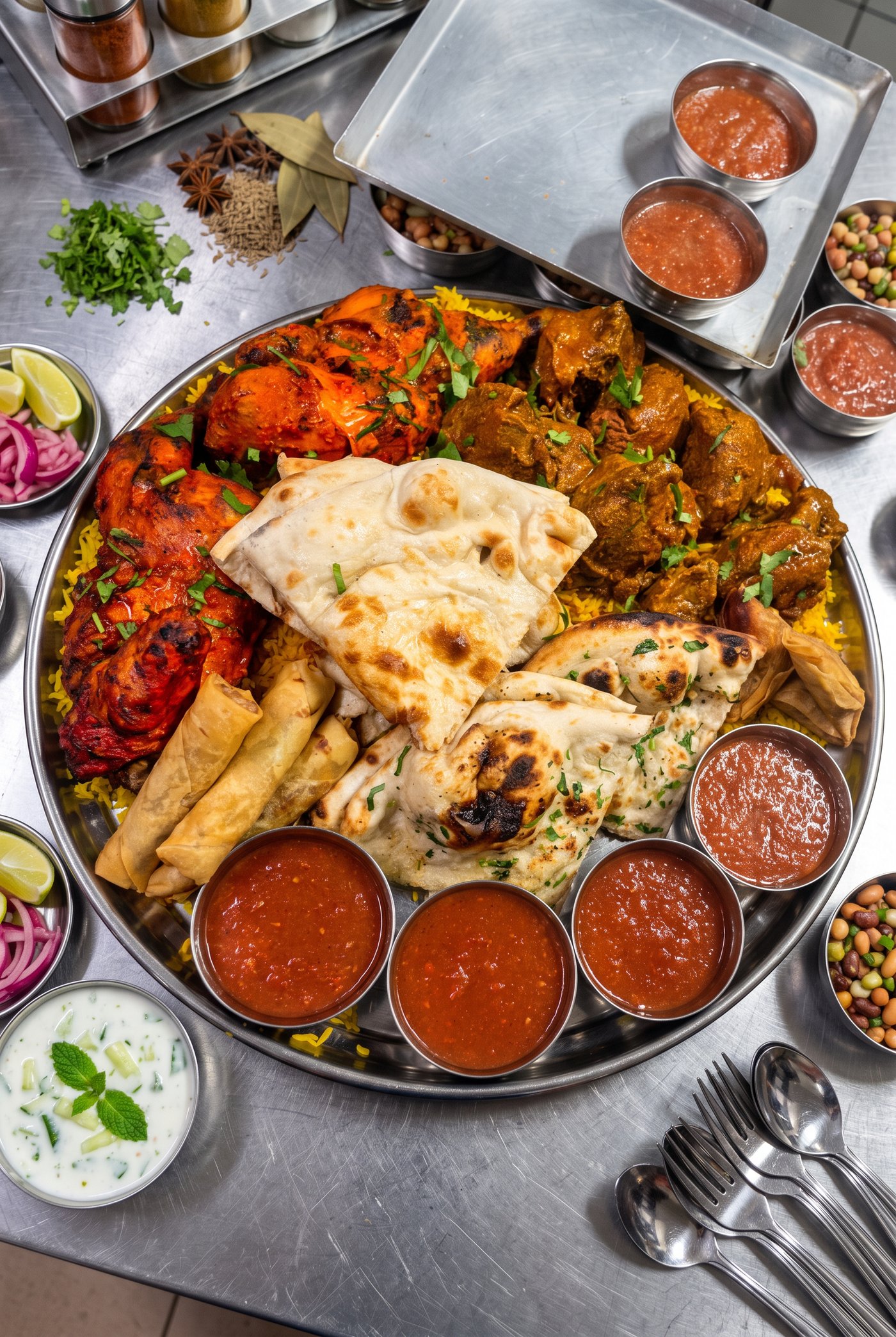 Sharing platter of tandoori chicken, rice and grilled vegetables at Zaiqa London
