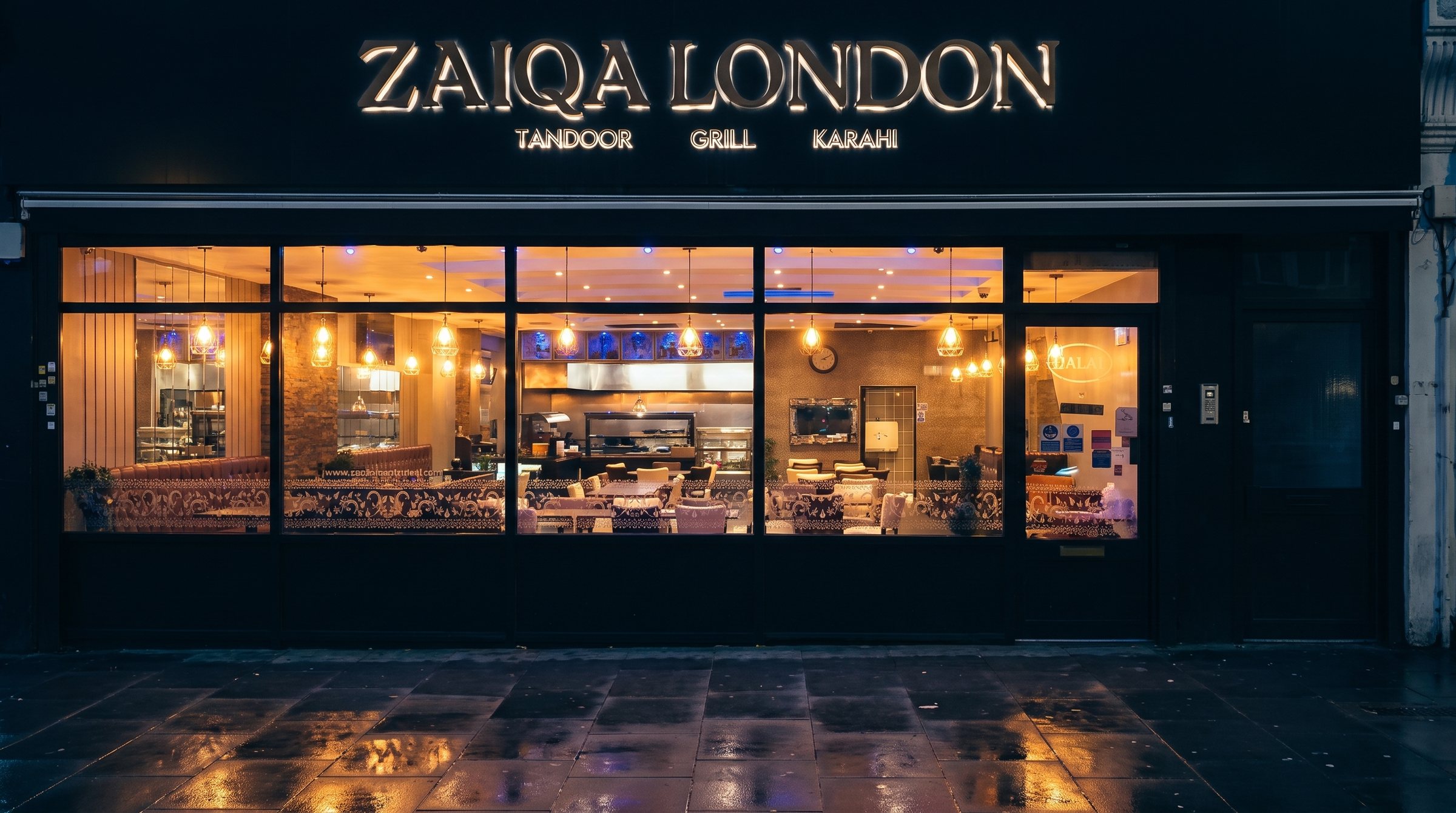 Zaiqa London's storefront lit up at night on Whitechapel Road